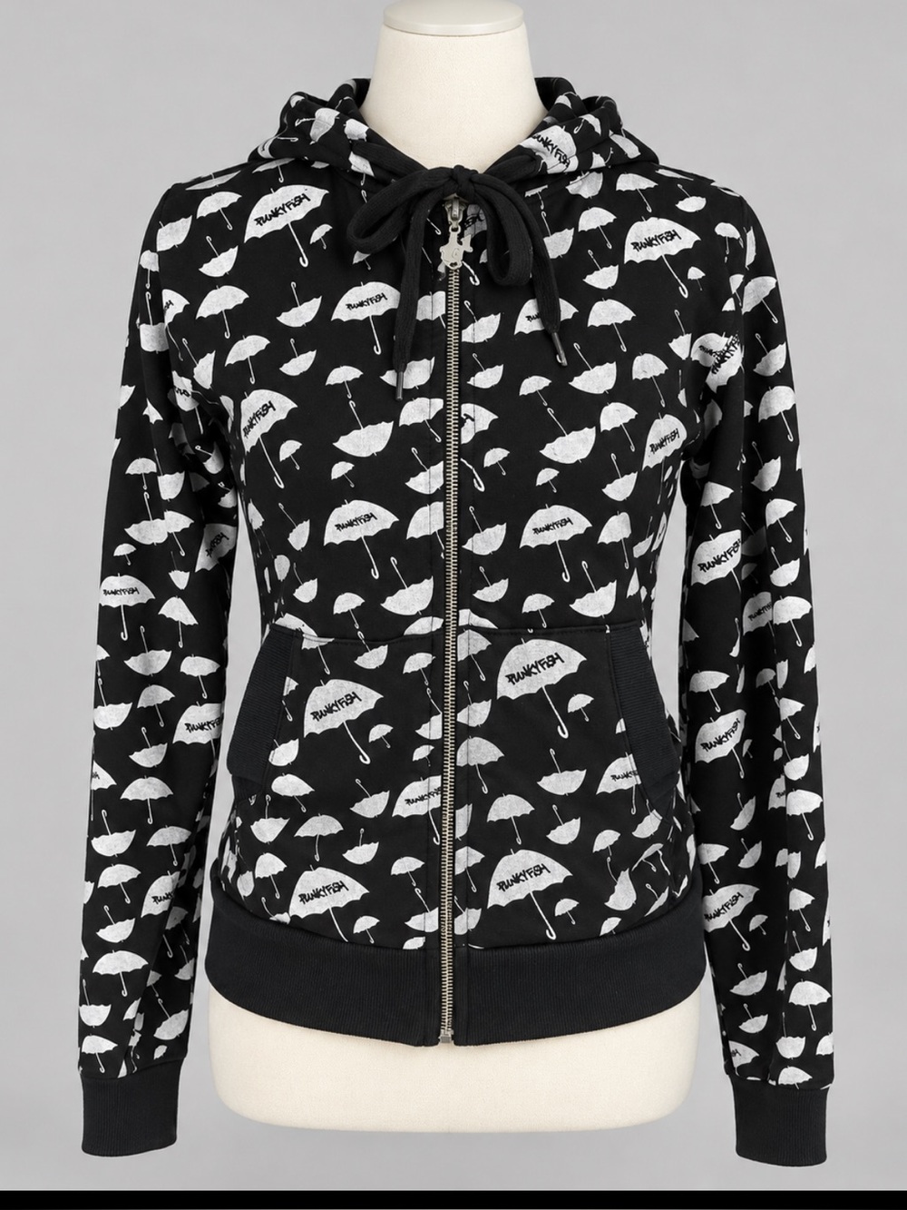 Punkyfish Y2K Emo Black White Umbrella Print Zip Hoodie Jacket S